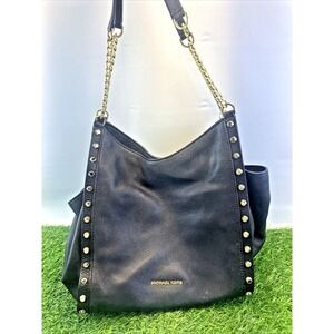 MICHAEL KORS Newbury Black STUDDED Gold Chain BLACK Leather HOBO Bag Tote Purse